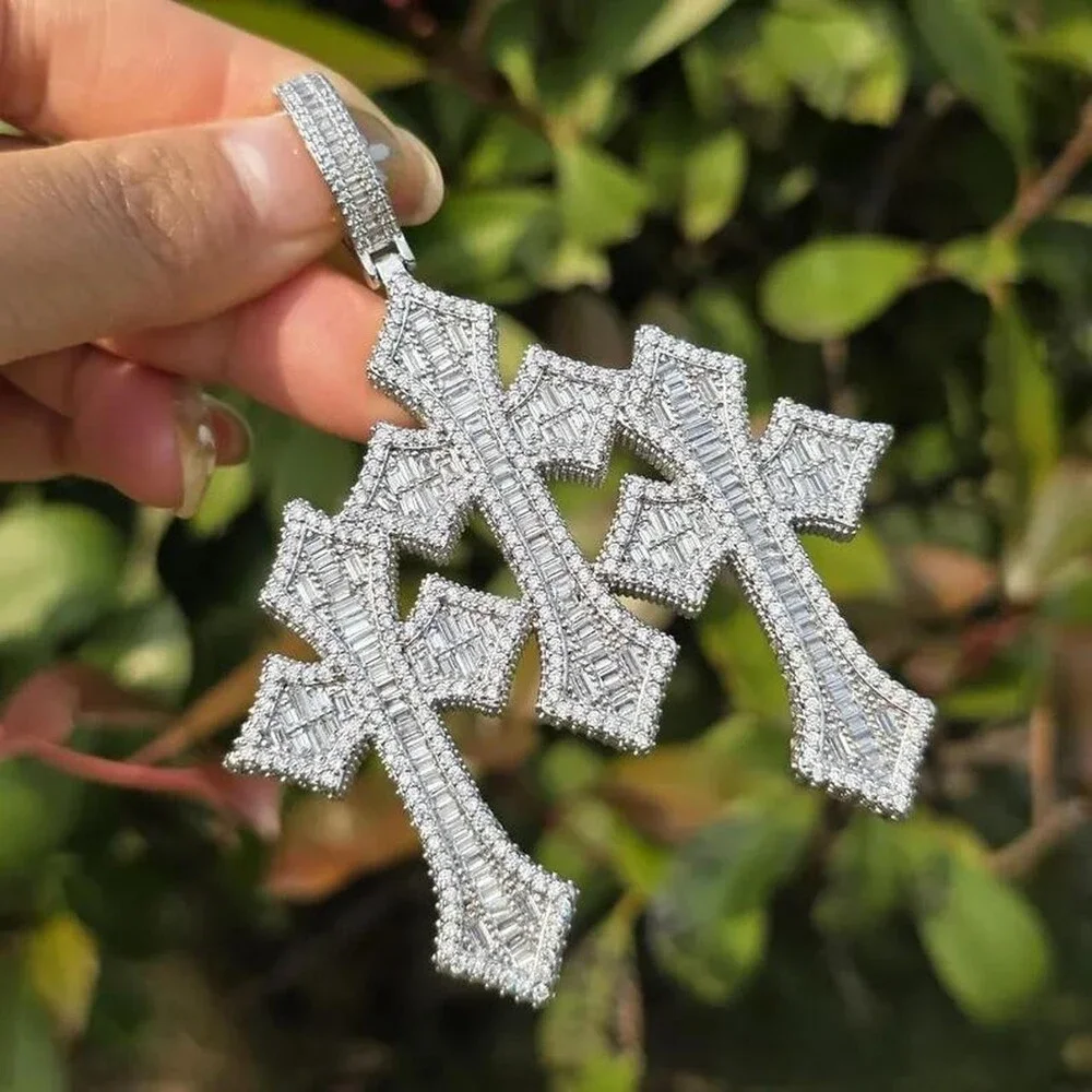 Silver Triple Cross Pendant Necklace 24inch rope chain